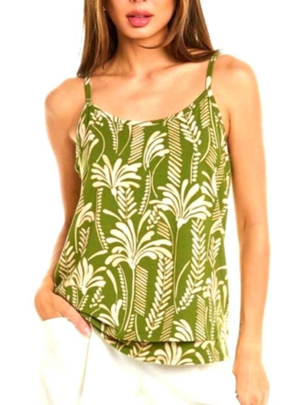Cabi Balcony Cami tank top shirt knit green tan palm leaf blouse stretch new XXS